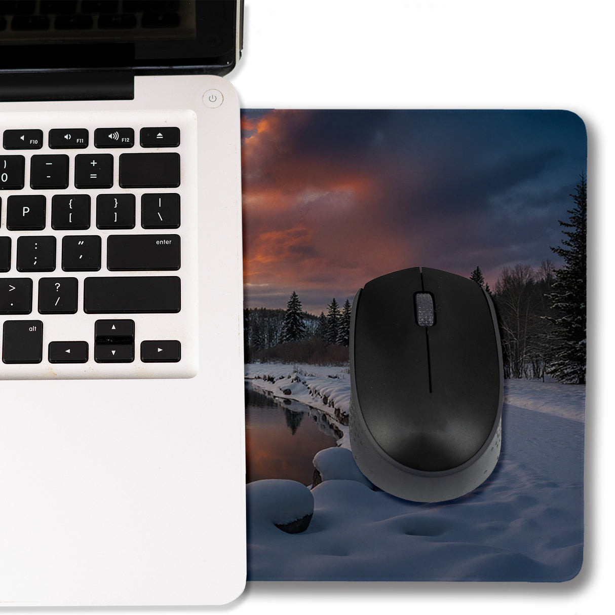Winterlandschaft Sonnenuntergang am Fluss Schreibtischunterlage 69x31cm XXL Mauspad