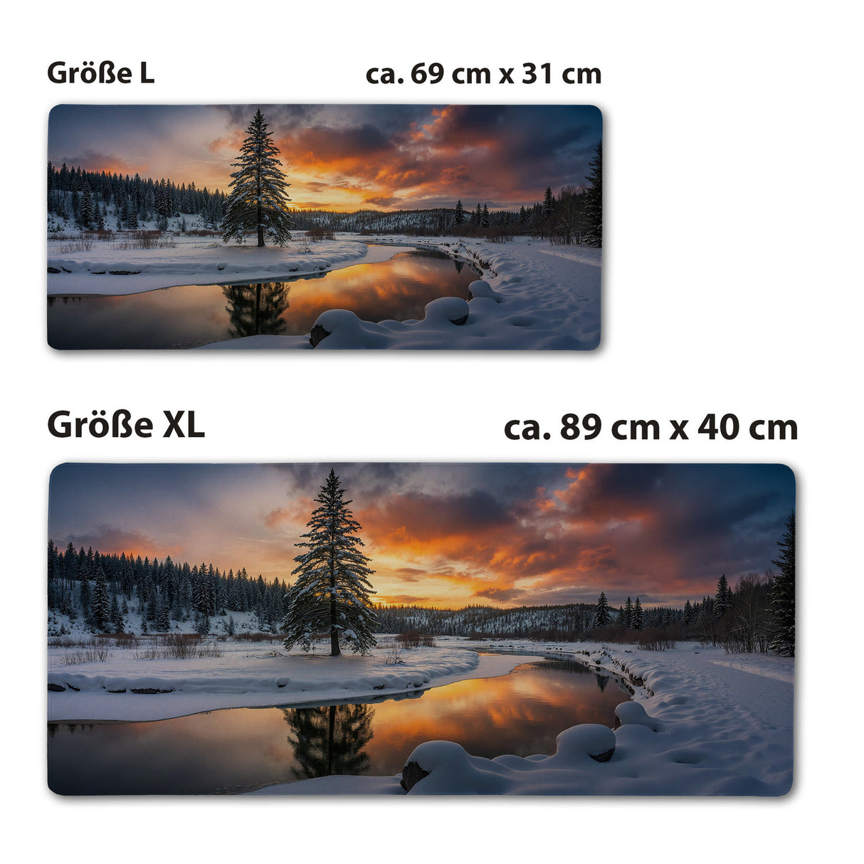Winterlandschaft Sonnenuntergang am Fluss Schreibtischunterlage 69x31cm XXL Mauspad