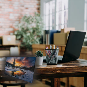 Winterlandschaft Sonnenuntergang am Fluss Schreibtischunterlage 69x31cm XXL Mauspad