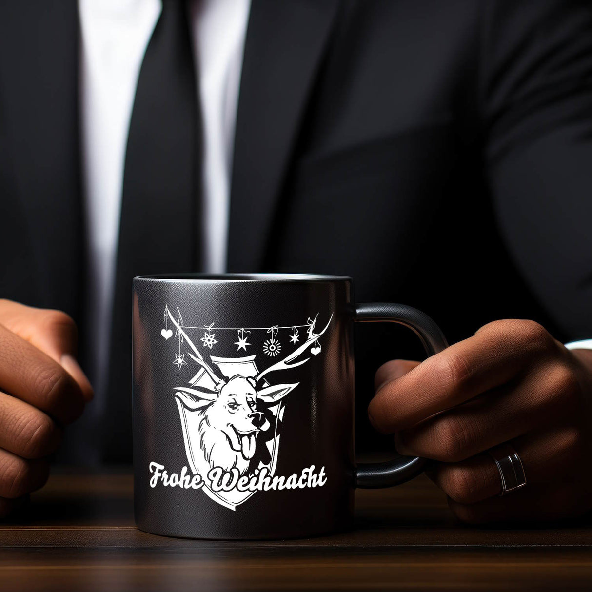 Hirschkopf Tasse in Schwarz mit Spruch: Frohe Weihnacht