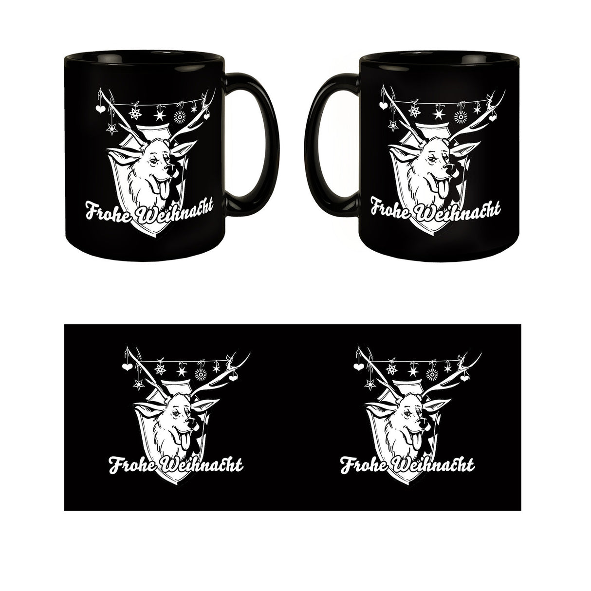 Hirschkopf Tasse in Schwarz mit Spruch: Frohe Weihnacht