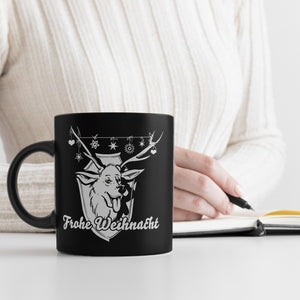 Hirschkopf Tasse in Schwarz mit Spruch: Frohe Weihnacht