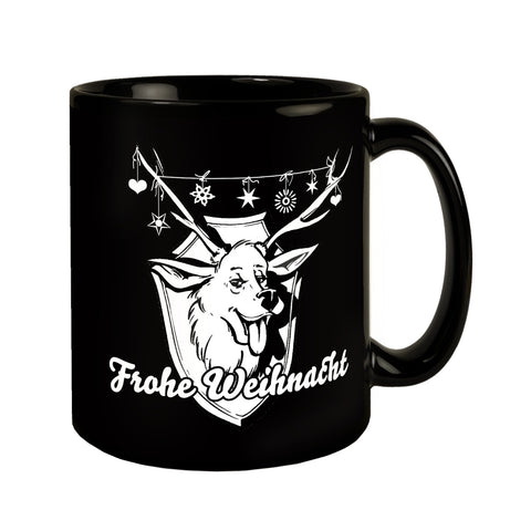 Hirschkopf Tasse in Schwarz mit Spruch: Frohe Weihnacht