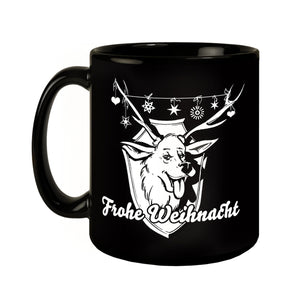 Hirschkopf Tasse in Schwarz mit Spruch: Frohe Weihnacht