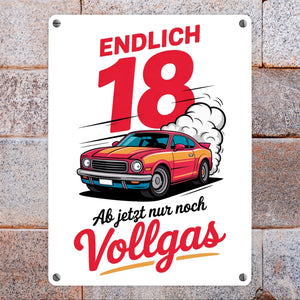 Endlich 18 - Vollgas Metallschild in 15x20 cm für den Führerschein