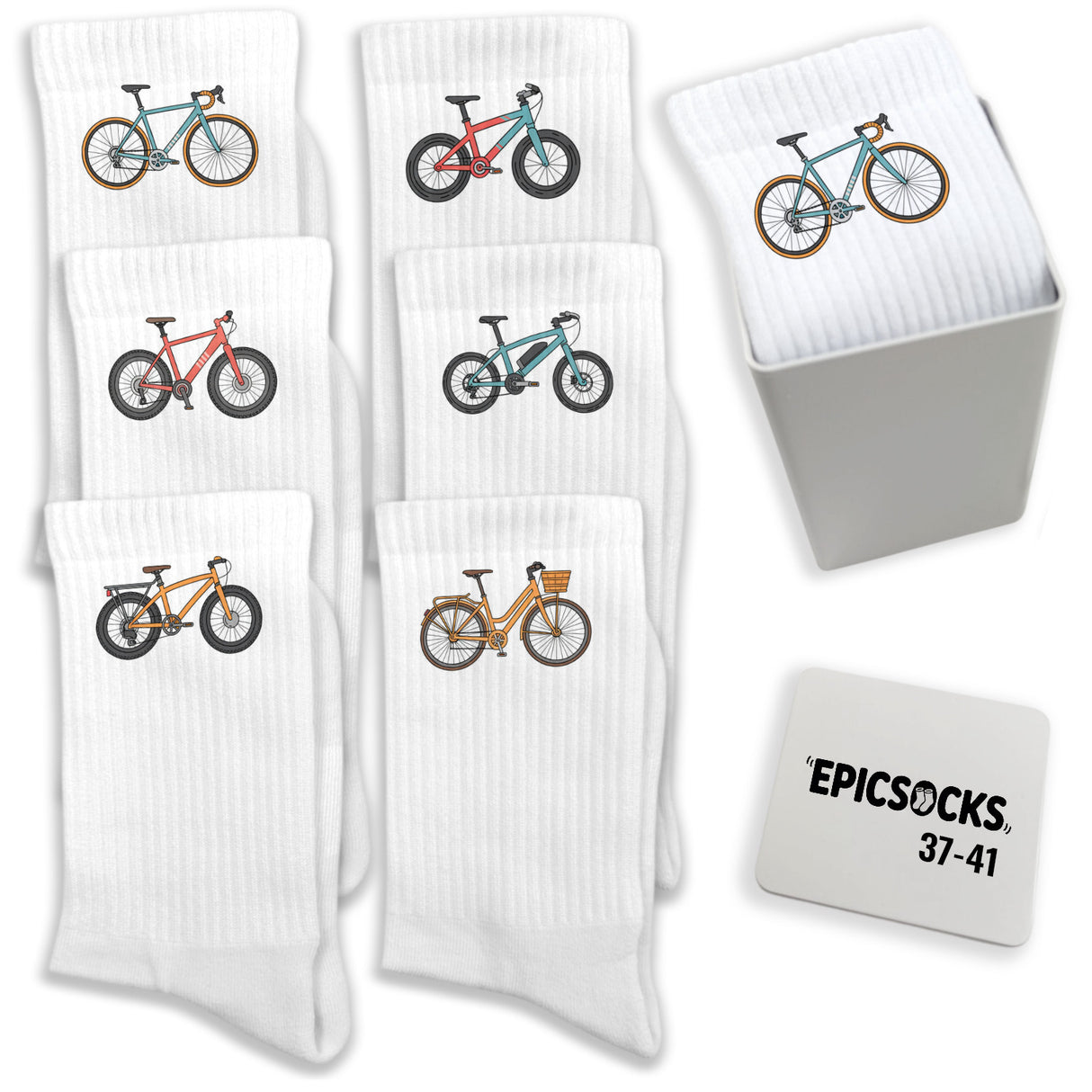 epicsocks Pedal Parade Socken in 37-41 im 6er Set in Geschenkdose im 6er Set in Geschenkbox
