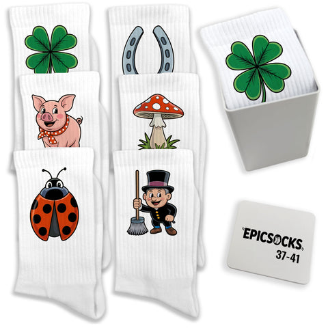 epicsocks LuckySteps Glücksbringer Socken in 37-41 im 6er Set in Geschenkdose im 6er Set in Geschenkbox