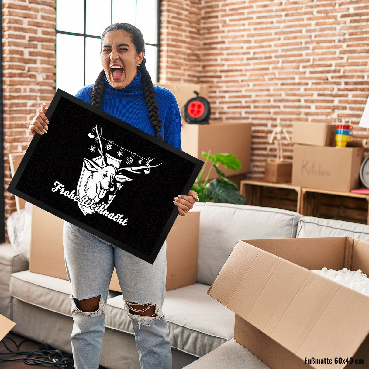 Hirschkopf Fußmatte in 35x50 cm mit Spruch: Frohe Weihnacht