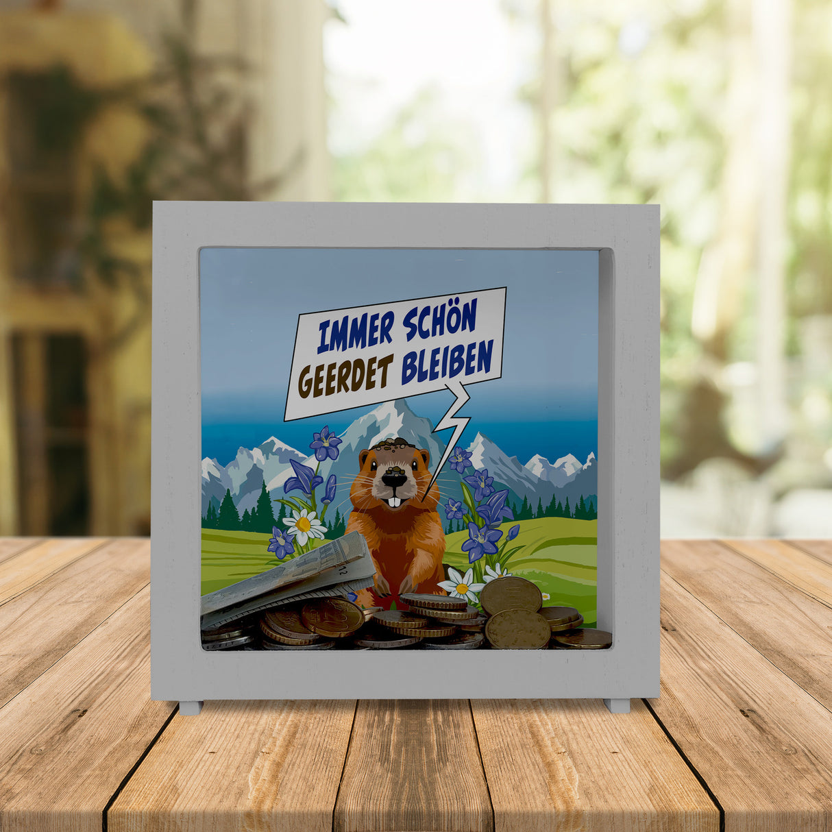 Murmeltier Spardose mit Spruch: Immer schön geerdet bleiben