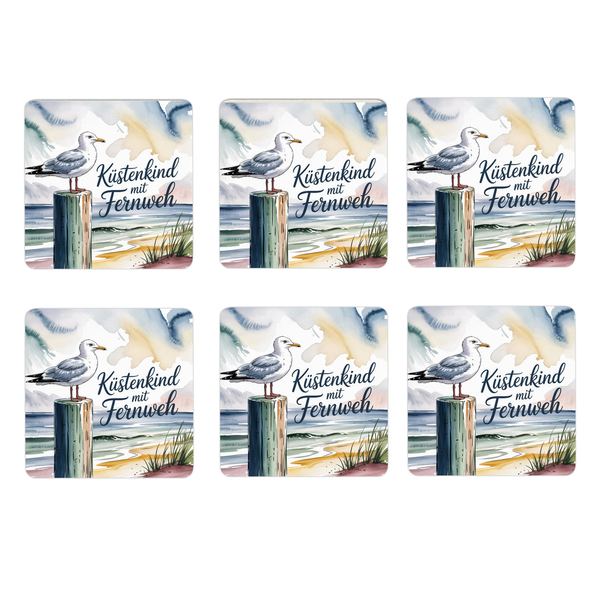 Ostsee Möwe 6er Set Untersetzer aus Holz - Küstenkind mit Fernweh