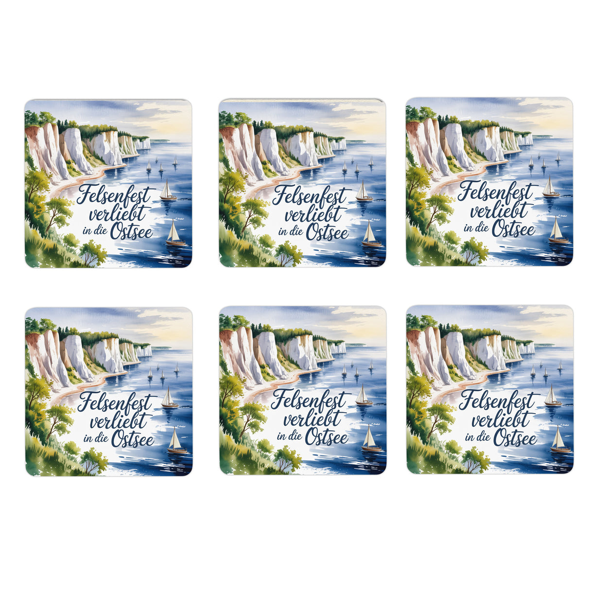 Ostsee Kreidefelsen Rügen 6er Set Untersetzer aus Holz - Felsenfest verliebt in die Ostsee