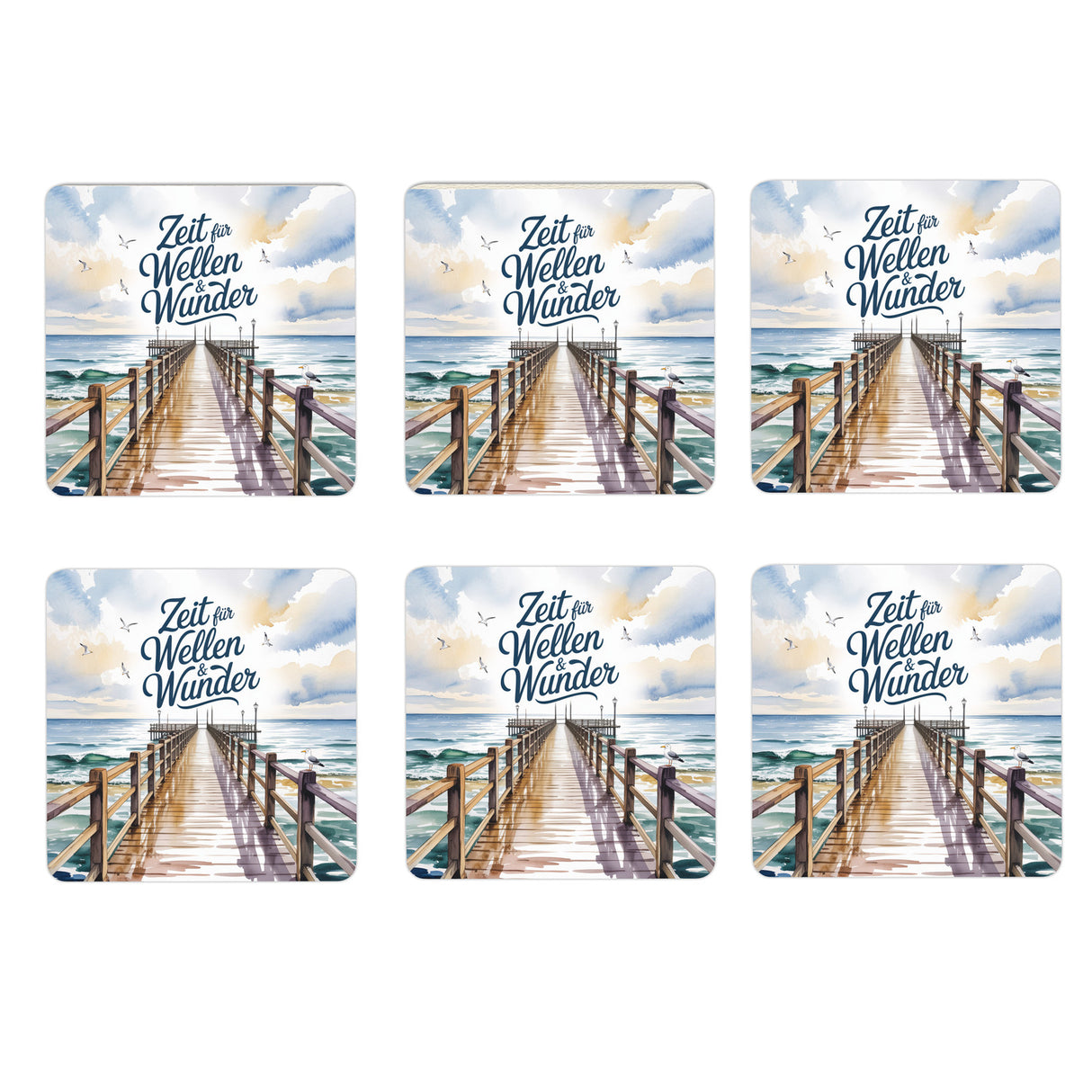 Ostsee Seebrücke 6er Set Untersetzer aus Holz - Zeit für Wellen & Wunder