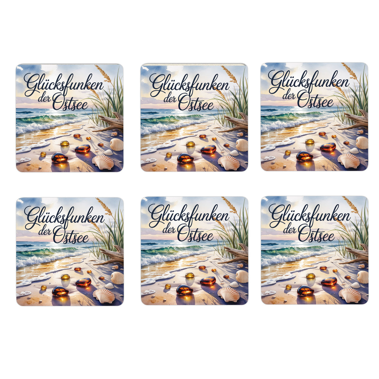 Ostsee Bernstein 6er Set Untersetzer aus Holz - Glücksfunken der Ostsee