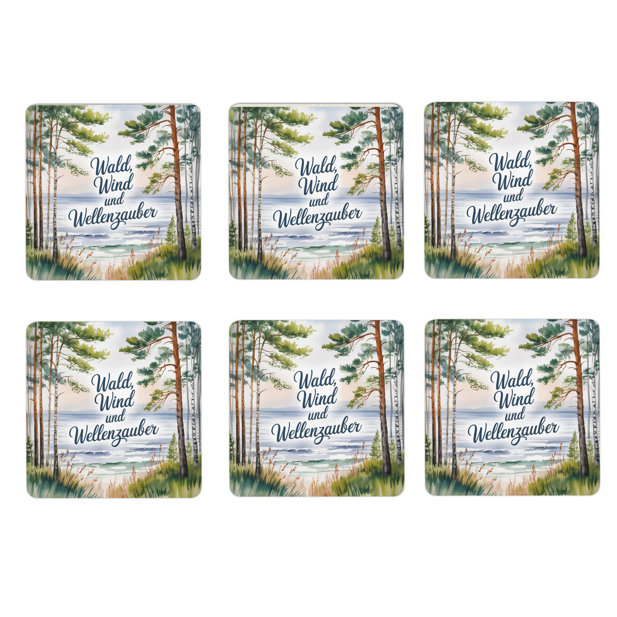 Ostsee Küstenwald 6er Set Untersetzer aus Holz - Wald, Wind und Wellenzauber