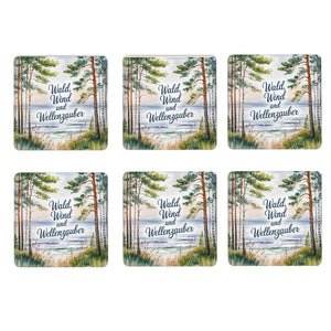 Ostsee Küstenwald 6er Set Untersetzer aus Holz - Wald, Wind und Wellenzauber
