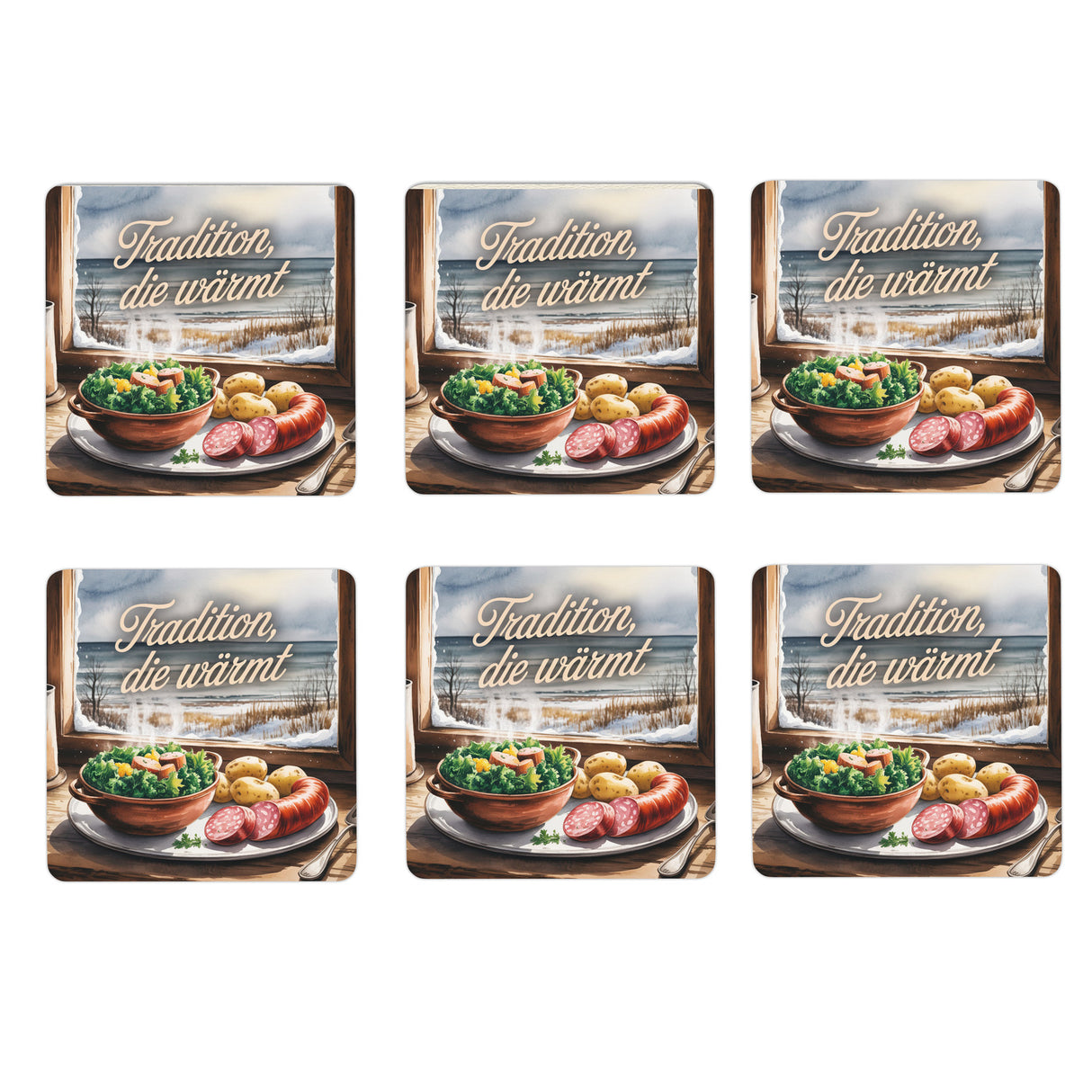 Ostsee Grünkohl mit Pinkel 6er Set Untersetzer aus Holz - Tradition, die wärmt