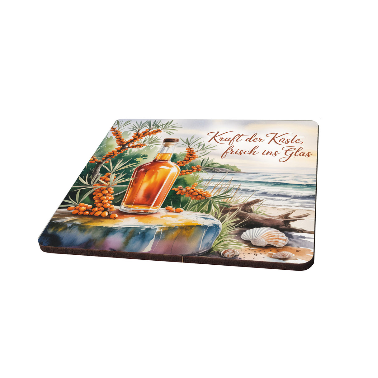 Ostsee Sanddornlikör 6er Set Untersetzer aus Holz - Kraft der Küste, frisch ins Glas