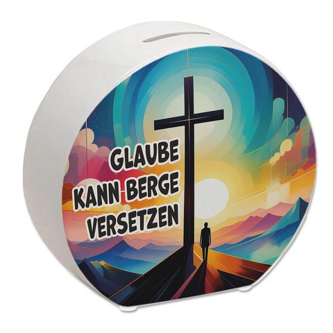 Gipfelkreuz Spardose mit Spruch: Glaube kann Berge versetzen