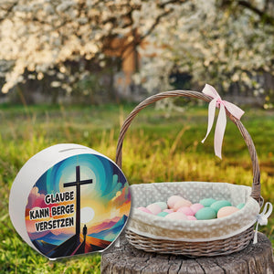 Gipfelkreuz Spardose mit Spruch: Glaube kann Berge versetzen