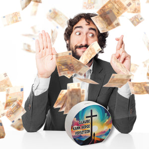 Gipfelkreuz Spardose mit Spruch: Glaube kann Berge versetzen