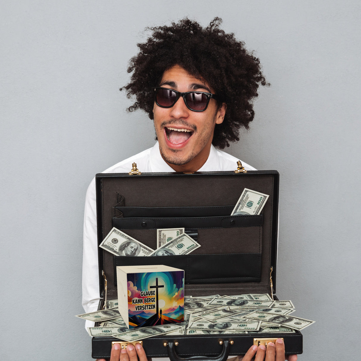 Gipfelkreuz Spardose mit Spruch: Glaube kann Berge versetzen