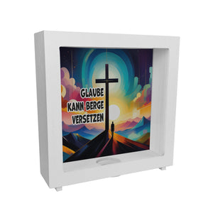 Gipfelkreuz Spardose mit Spruch: Glaube kann Berge versetzen