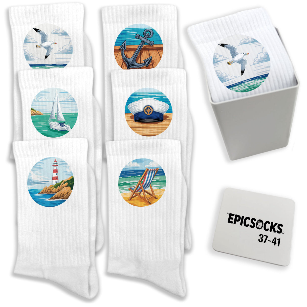 epicsocks Nautik Freude Socken in 37-41 im 6er Set in Geschenkdose im 6er Set in Geschenkbox