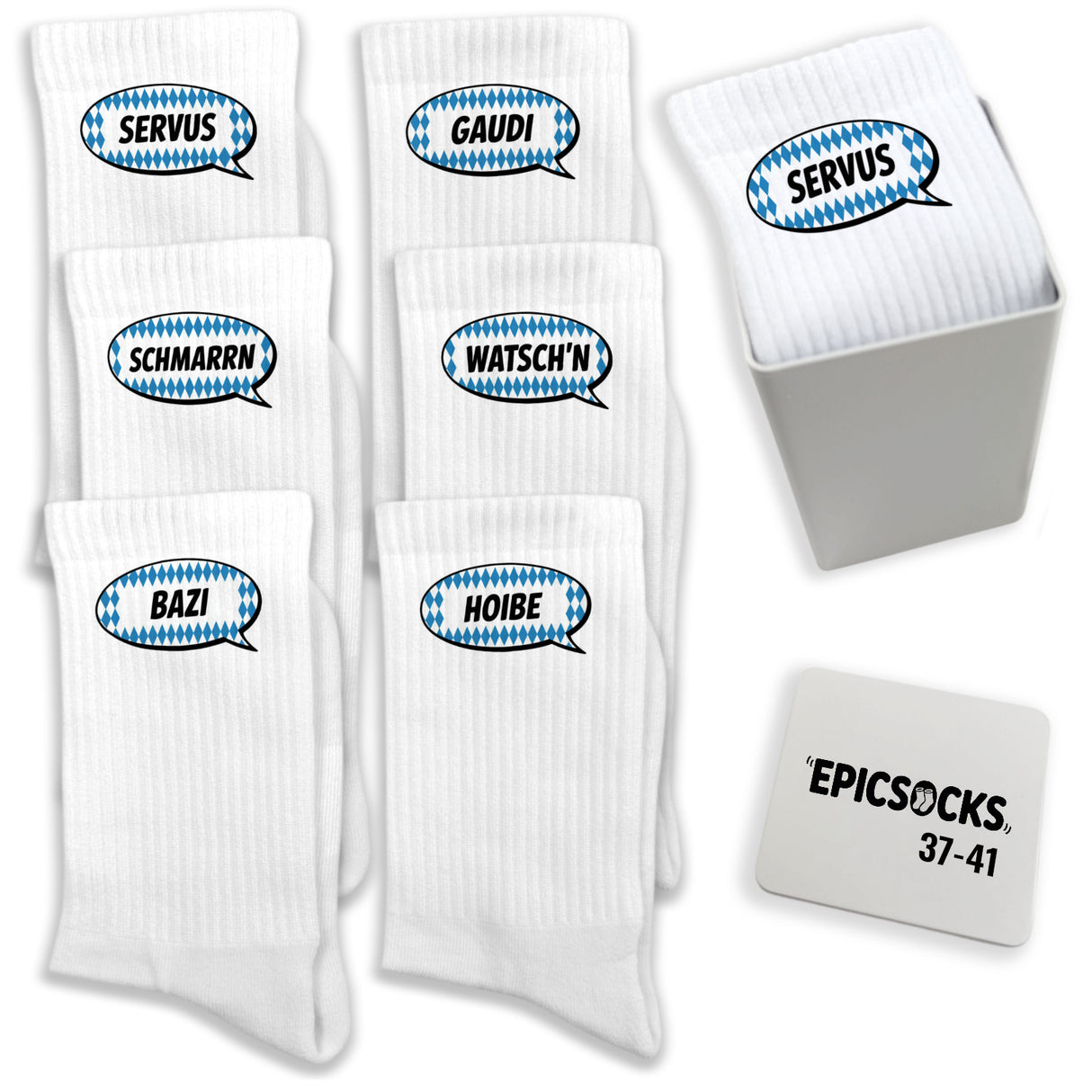 epicsocks Bayrischer Dialekt Socken in 37-41 im 6er Set in Geschenkdose im 6er Set in Geschenkbox