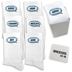 epicsocks Bayrischer Dialekt Socken in 37-41 im 6er Set in Geschenkdose im 6er Set in Geschenkbox