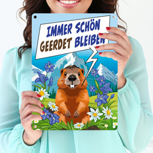 Murmeltier Metallschild in 15x20 cm mit Spruch: Immer schön geerdet bleiben