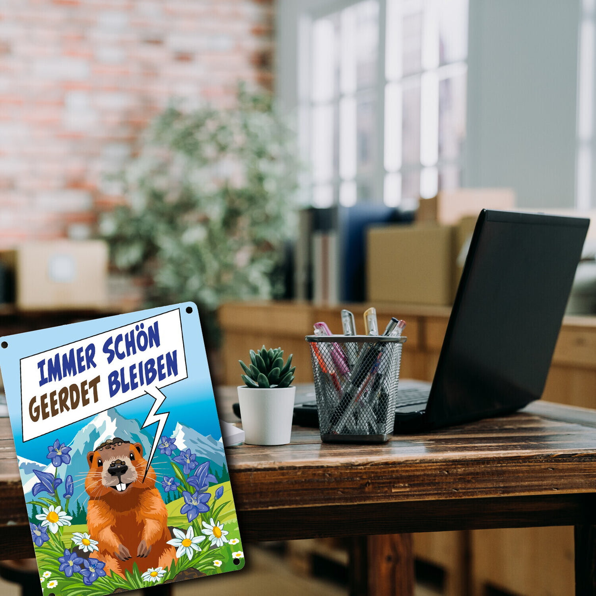 Murmeltier Metallschild in 15x20 cm mit Spruch: Immer schön geerdet bleiben