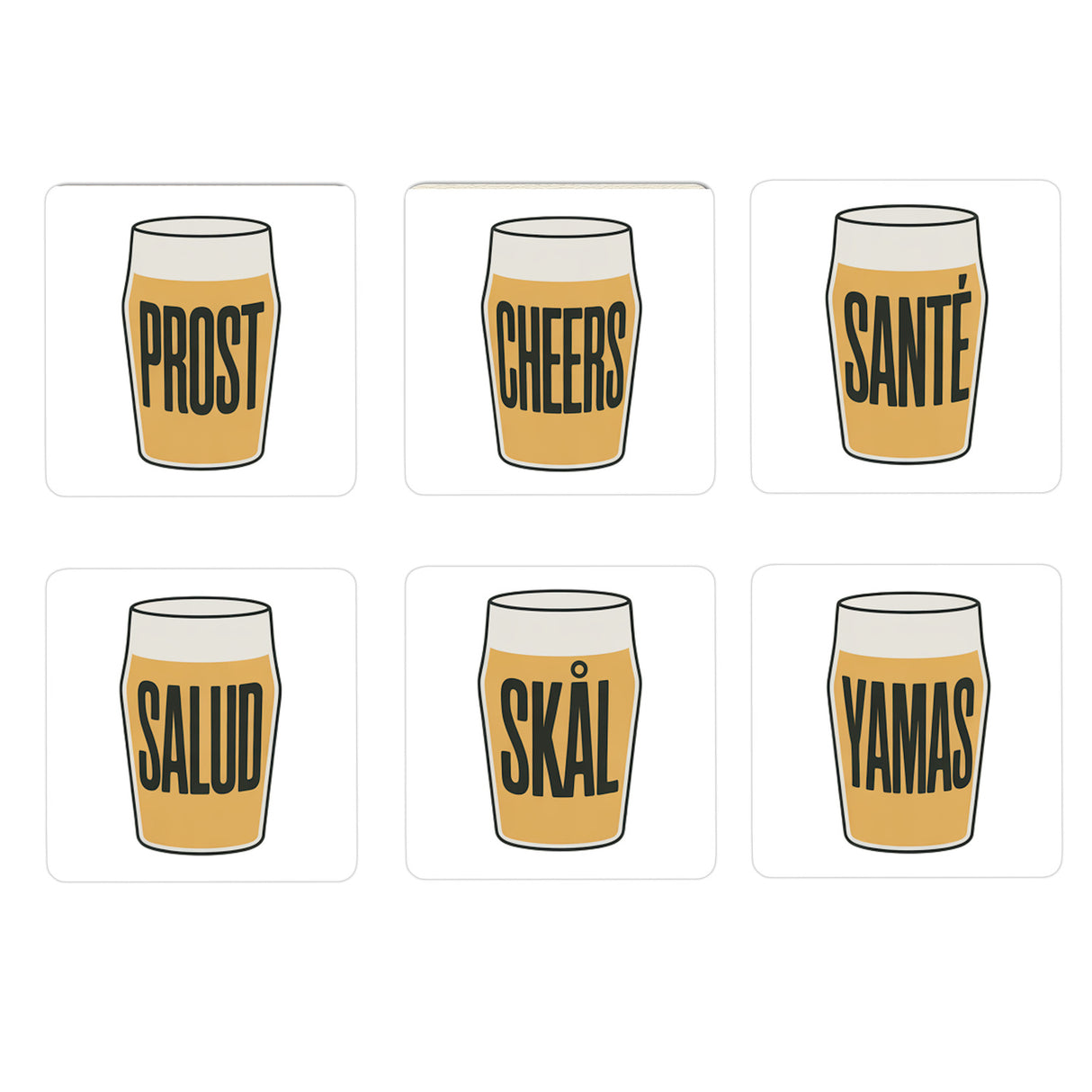 Biergläser Prost & Cheers 6er Set Untersetzer aus Holz