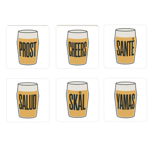 Biergläser Prost & Cheers 6er Set Untersetzer aus Holz