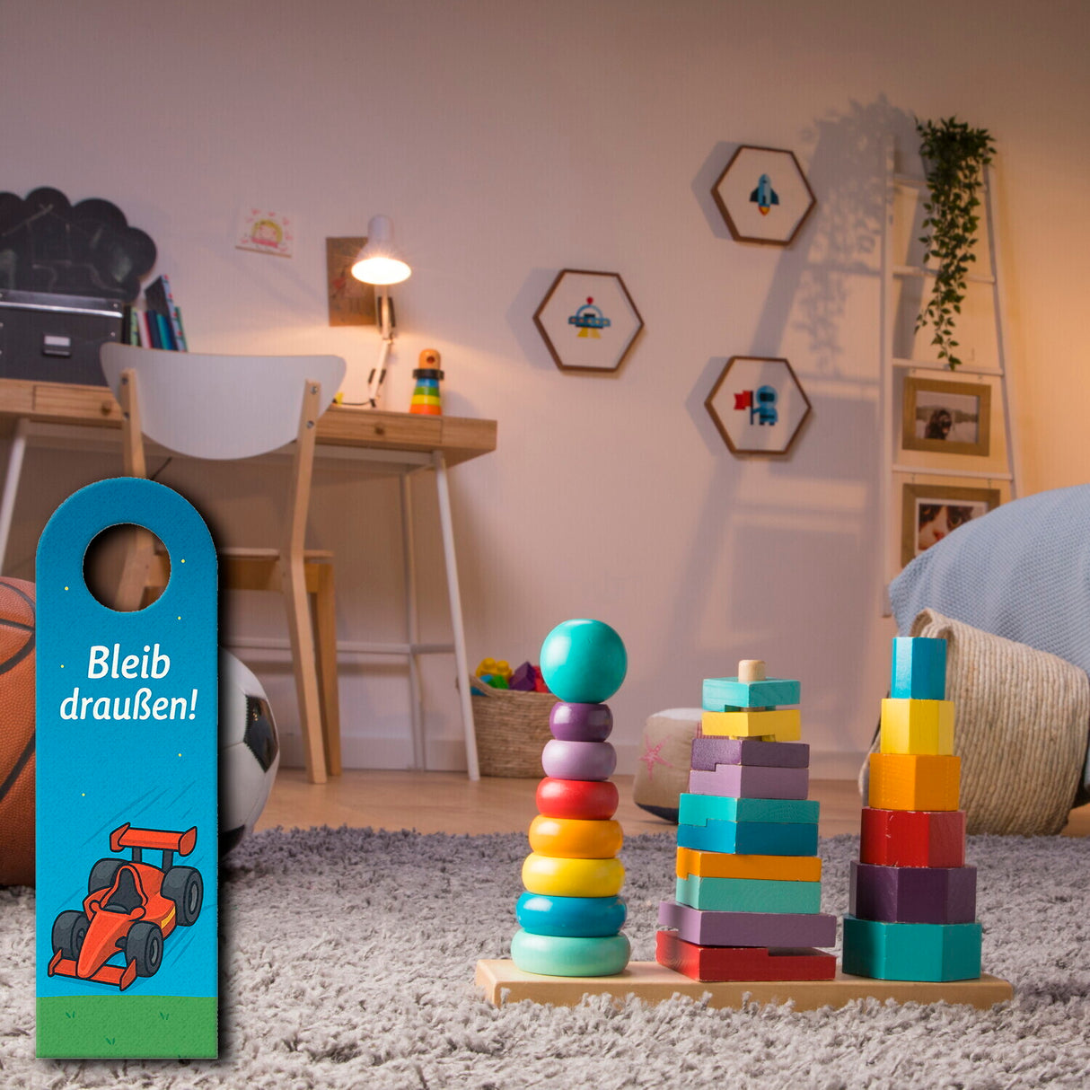 Rennwagen Cartoon Bleib draußen! Komm rein! Türhänger für Kinderzimmer