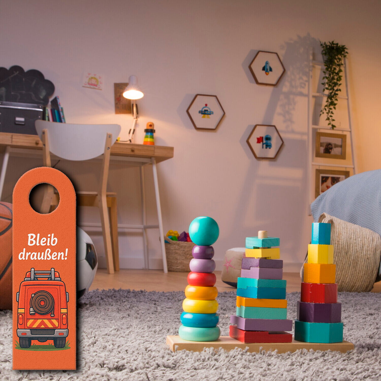 Feuerwehrauto Cartoon Bleib draußen! Komm rein! Türhänger