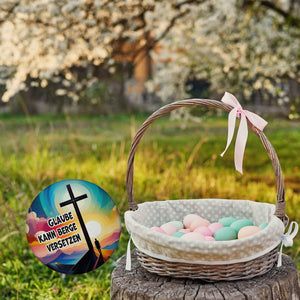 Berg mit Kreuz Magnet rund mit Spruch: Der Glaube kann Berge versetzen