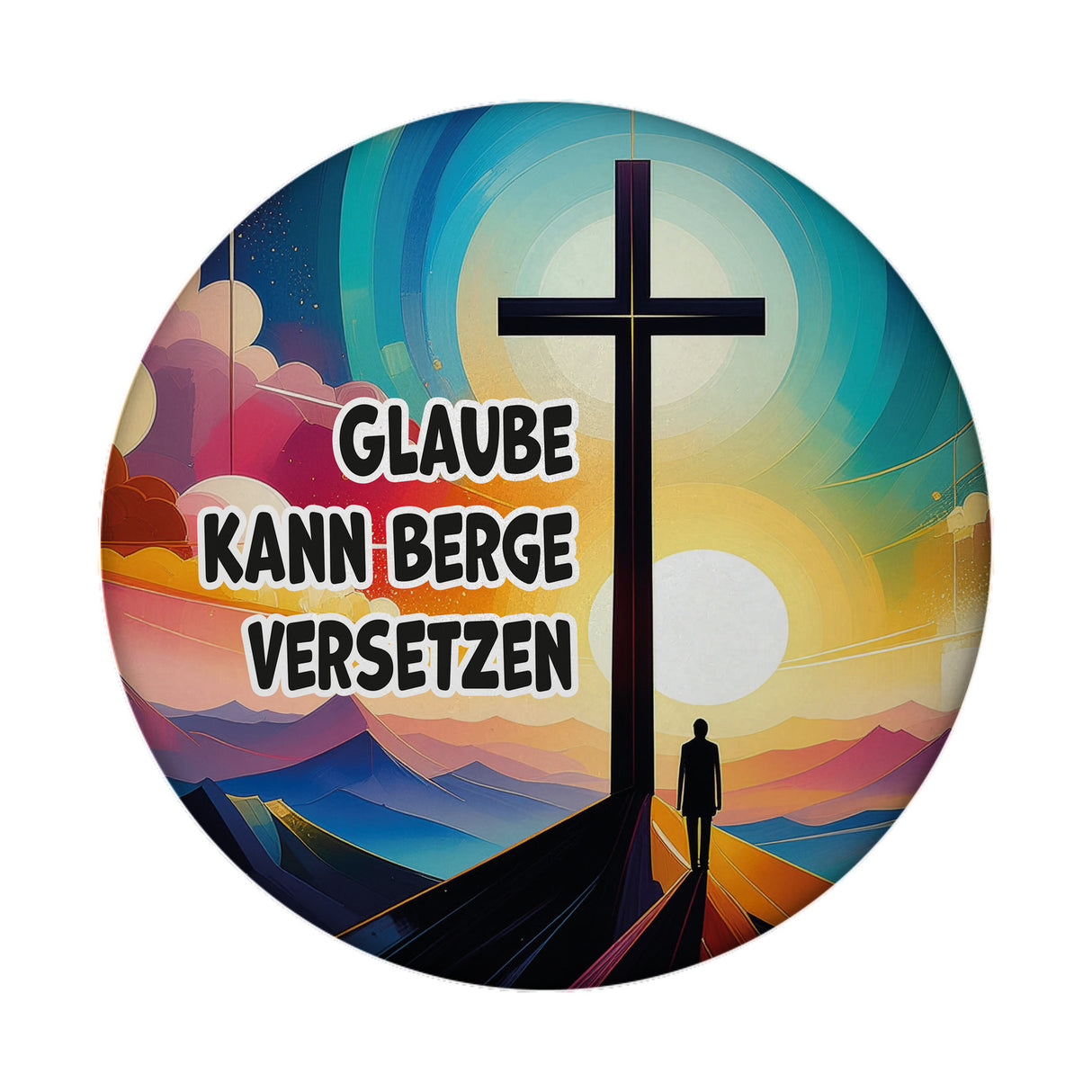 Berg mit Kreuz Magnet rund mit Spruch: Der Glaube kann Berge versetzen