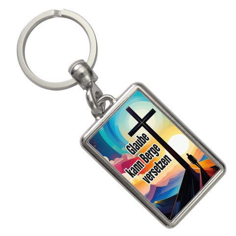 Berg mit Kreuz Schlüsselanhänger mit Spruch: Glaube kann Berge versetzen