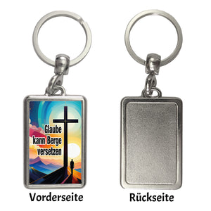 Berg mit Kreuz Schlüsselanhänger mit Spruch: Glaube kann Berge versetzen