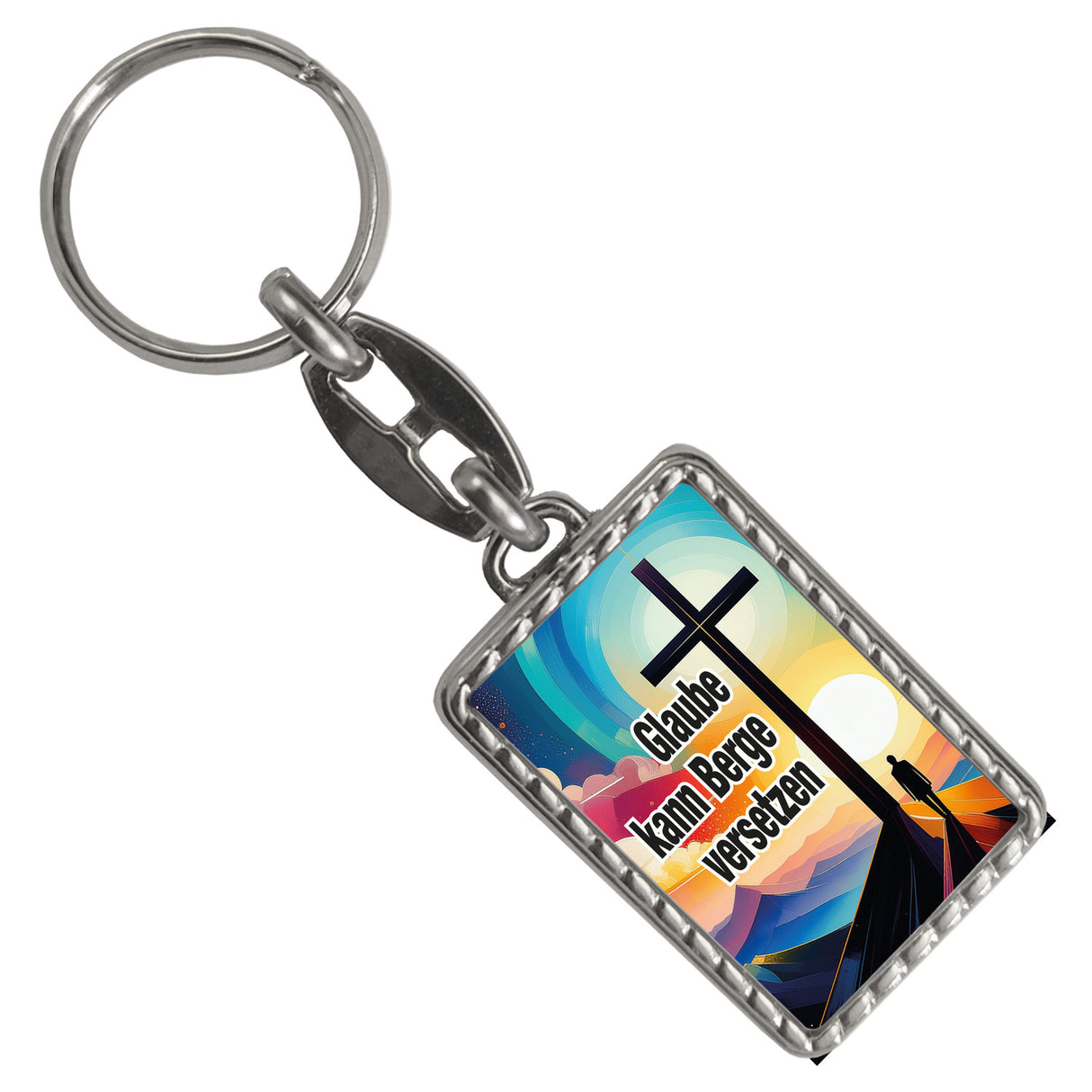 Berg mit Kreuz Schlüsselanhänger mit Spruch: Glaube kann Berge versetzen