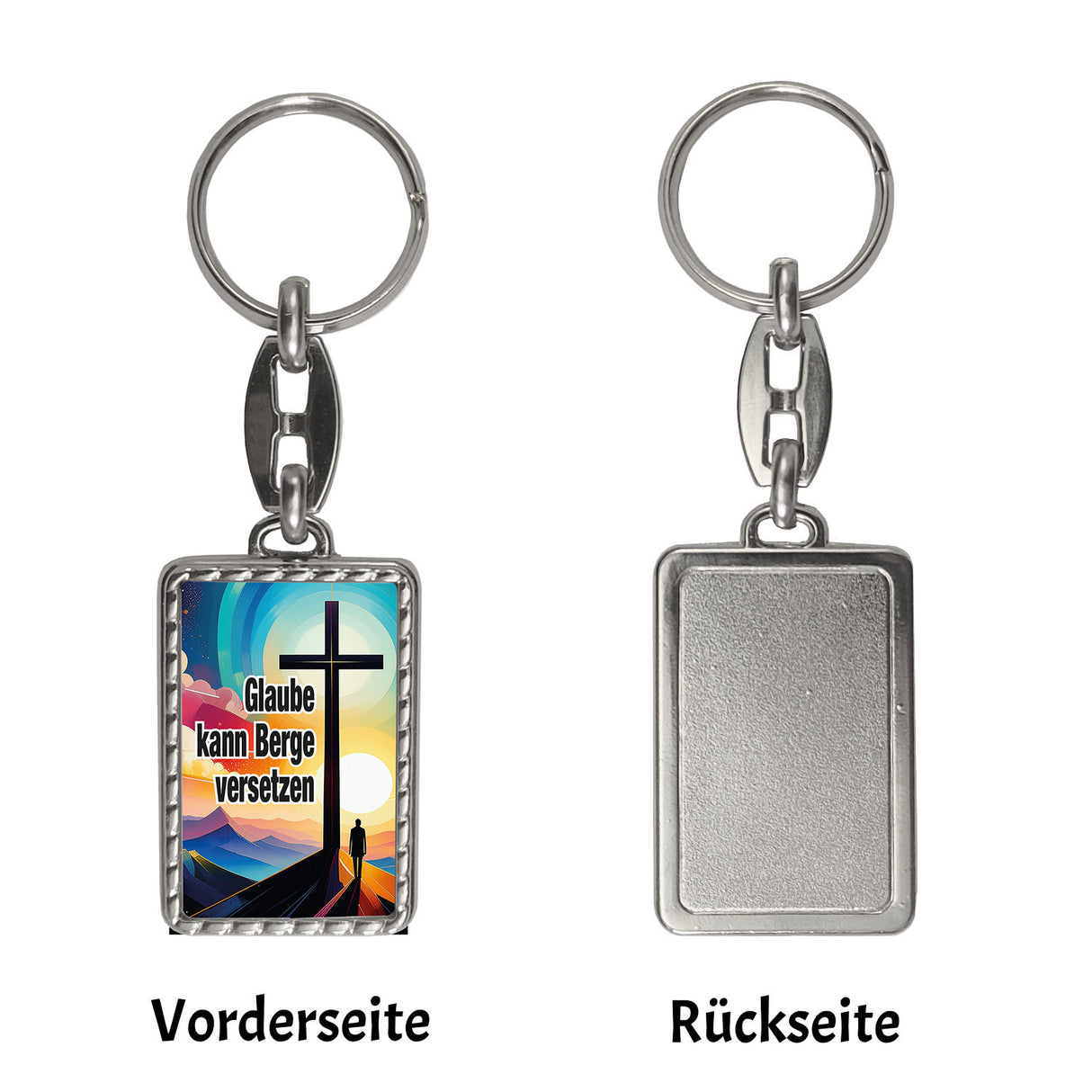 Berg mit Kreuz Schlüsselanhänger mit Spruch: Glaube kann Berge versetzen