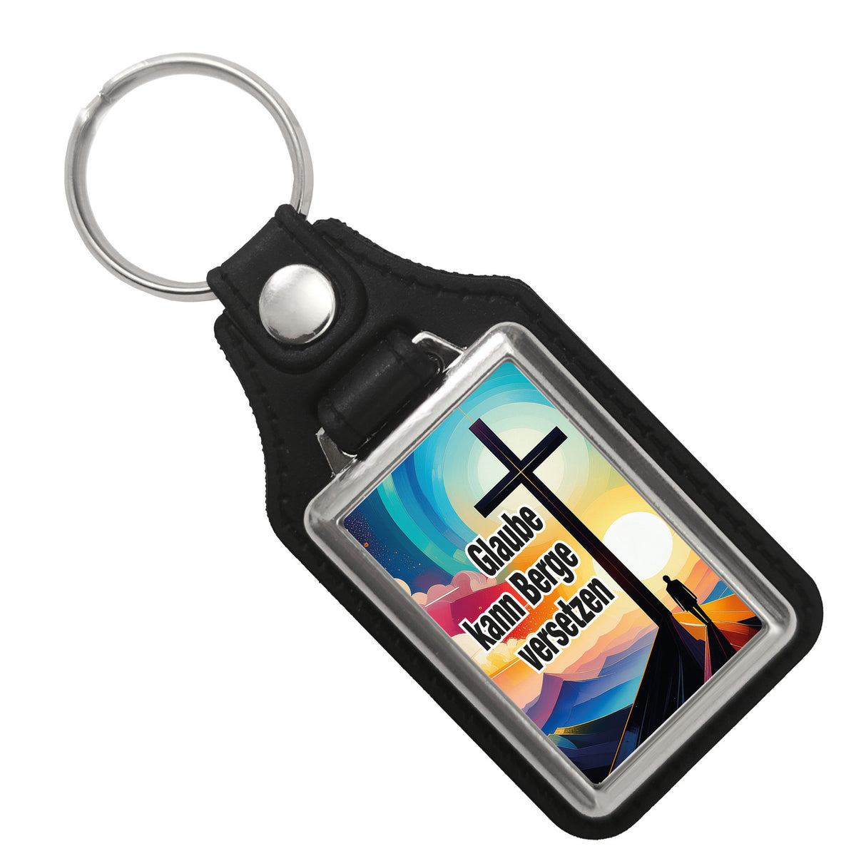 Berg mit Kreuz Schlüsselanhänger mit Spruch: Glaube kann Berge versetzen