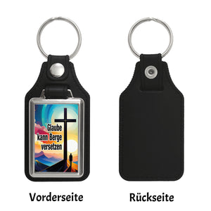 Berg mit Kreuz Schlüsselanhänger mit Spruch: Glaube kann Berge versetzen