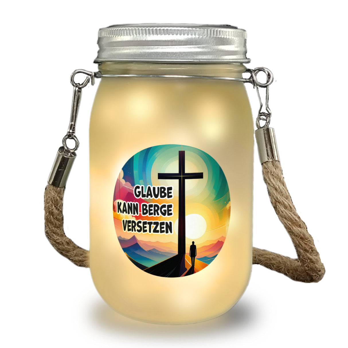 Berg mit Kreuz Solarlicht mit Spruch: Glaube kann Berge versetzen