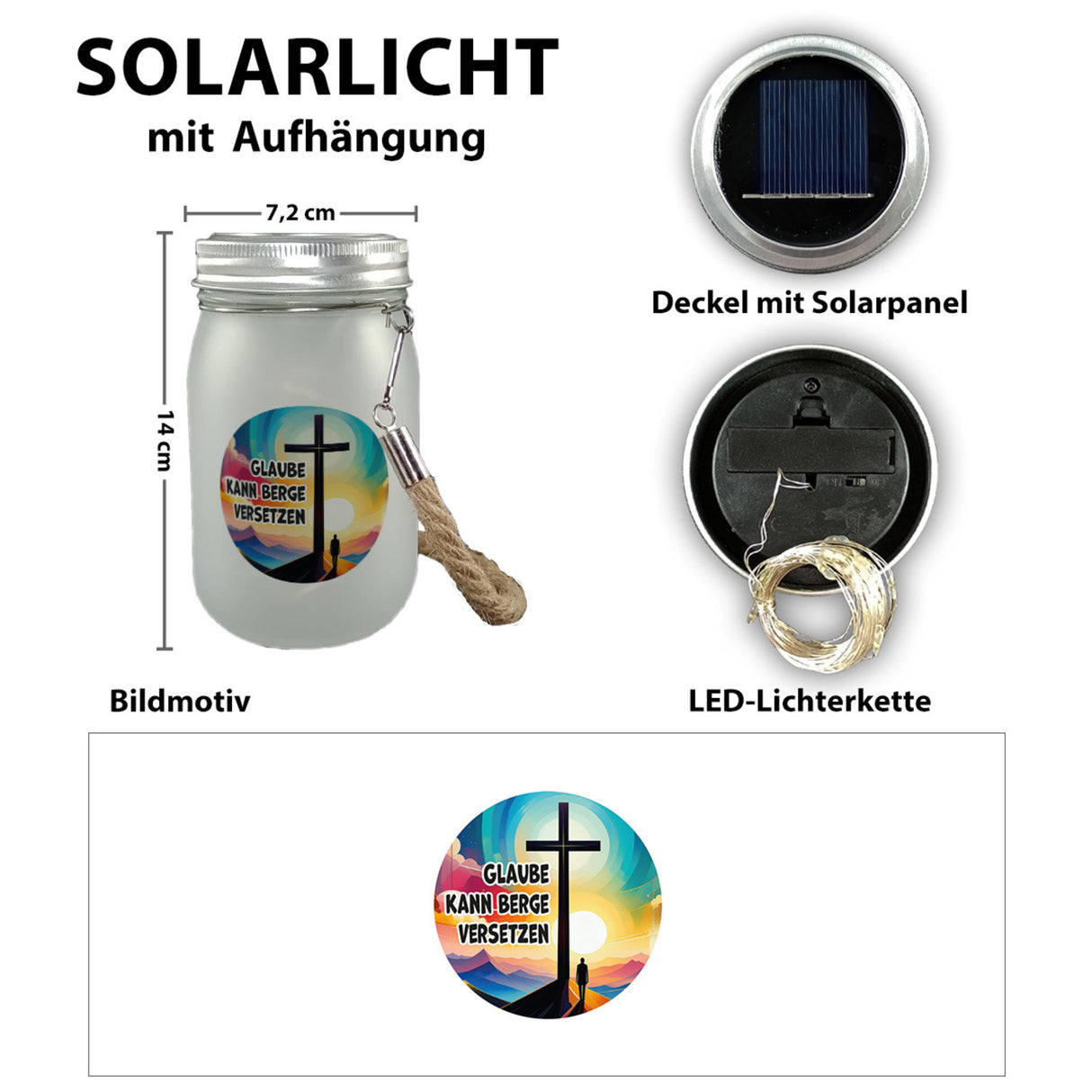 Berg mit Kreuz Solarlicht mit Spruch: Glaube kann Berge versetzen