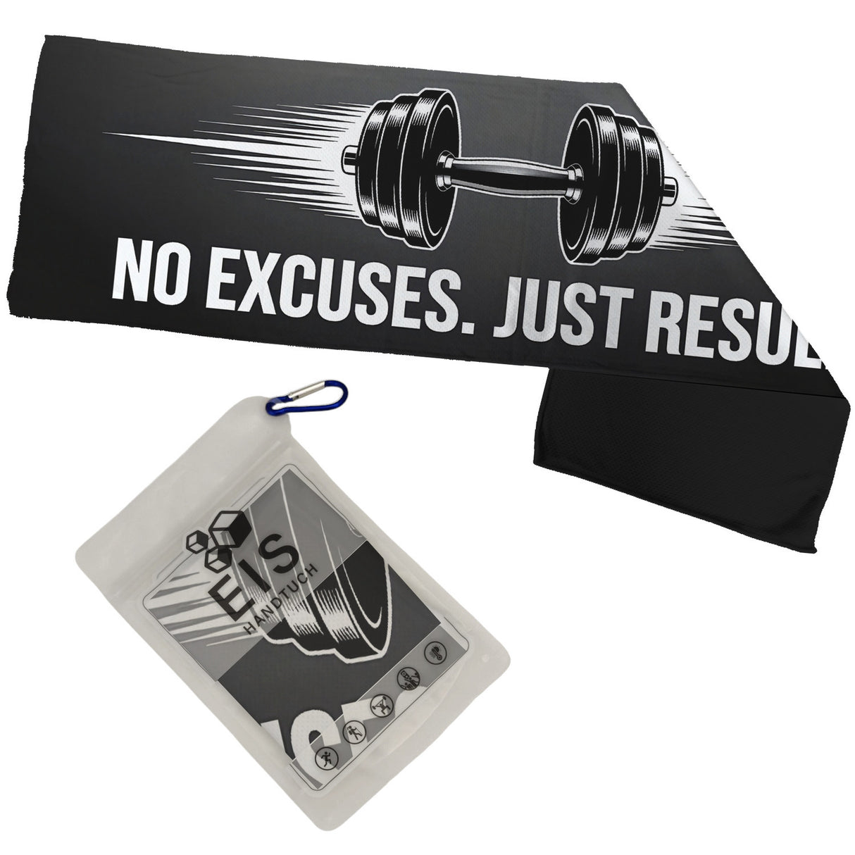 Fitness Eishandtuch mit Hantel - No excuses. Just results.