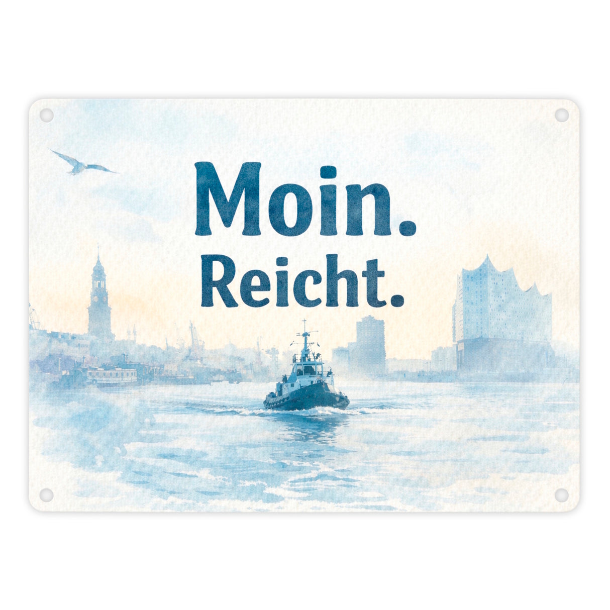 Moin. Reicht. Uferlandschaft mit Boot Metallschild in 15x20 cm