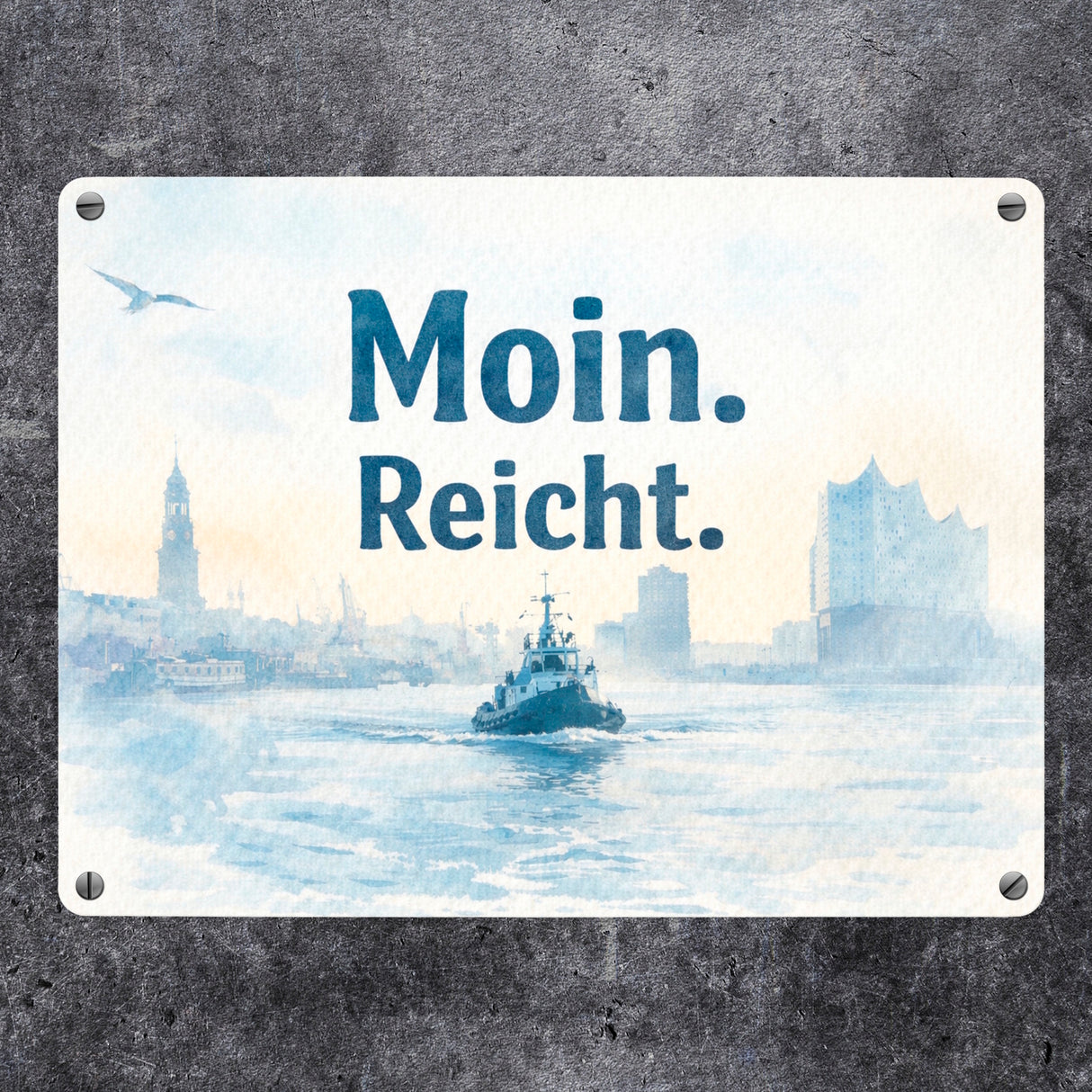Moin. Reicht. Uferlandschaft mit Boot Metallschild in 15x20 cm
