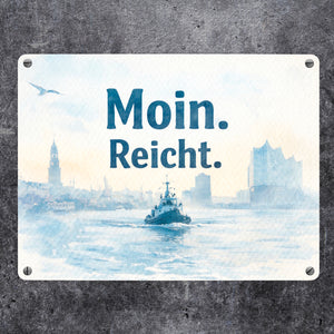 Moin. Reicht. Uferlandschaft mit Boot Metallschild in 15x20 cm