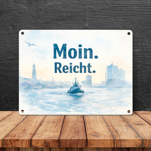 Moin. Reicht. Uferlandschaft mit Boot Metallschild in 15x20 cm